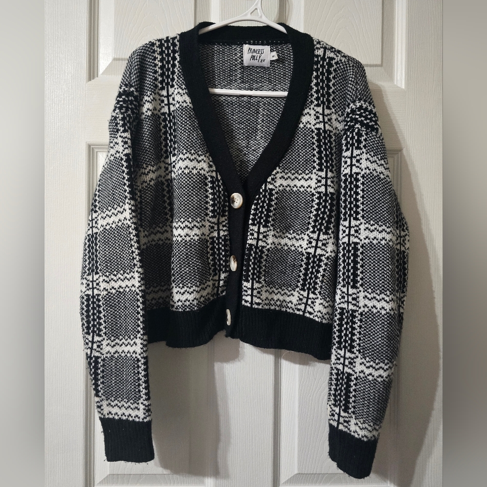 Princess Polly Cropped Black & White Plaid Cardigan, Button Front, Slouchy Fit.